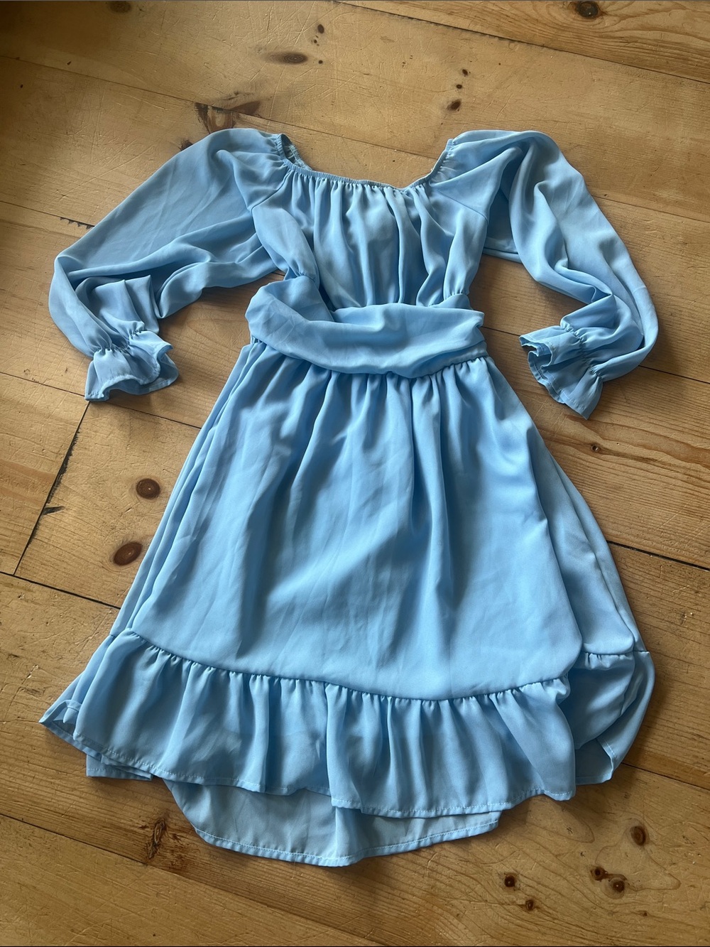 Girls Light Blue Long Sleeve Ruffle Dress